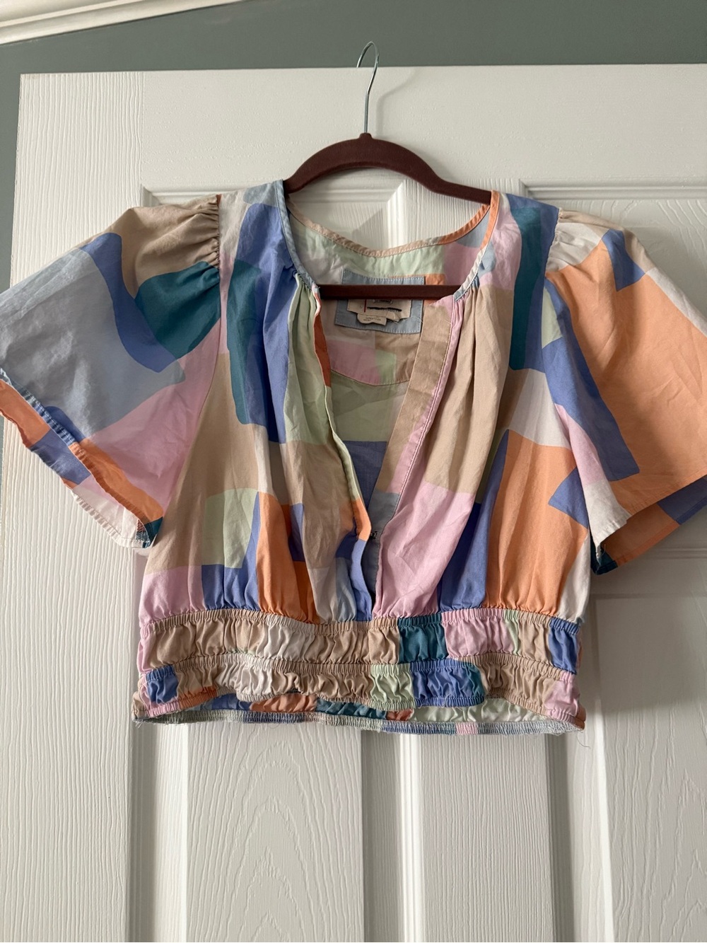 Anthropologie Pastel Geo Print Cropped Blouse - Peach, Pink, Blue, Green, Beige